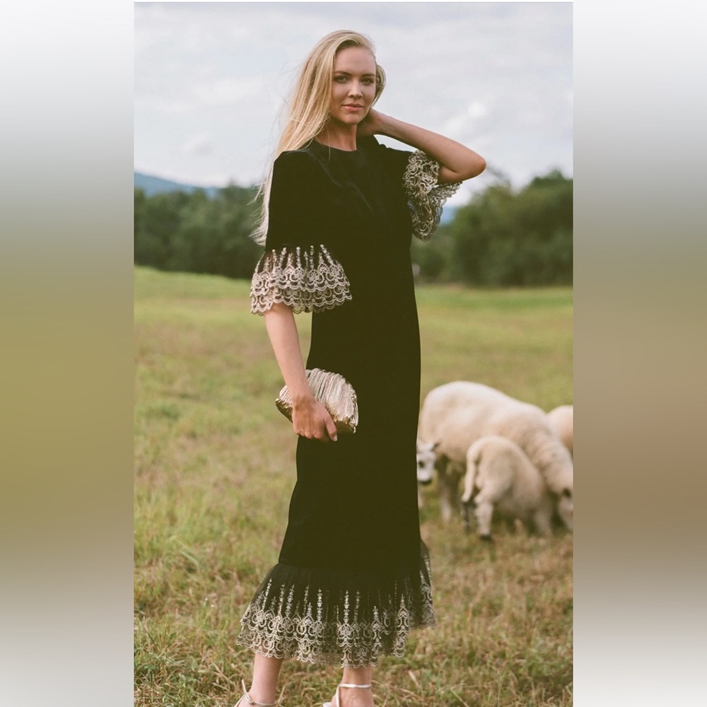 Black velvet dress with gold lace